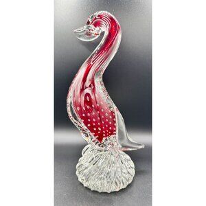 Murano Bullicante Sommerso Clear Red Glass on Pedestal Posing Bird Fowl Duck